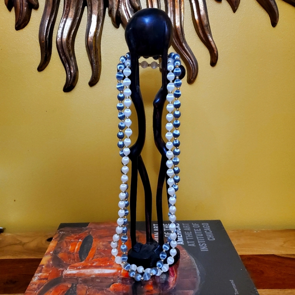30" Silk Gray Ivory Gold Bead Section Necklace Set